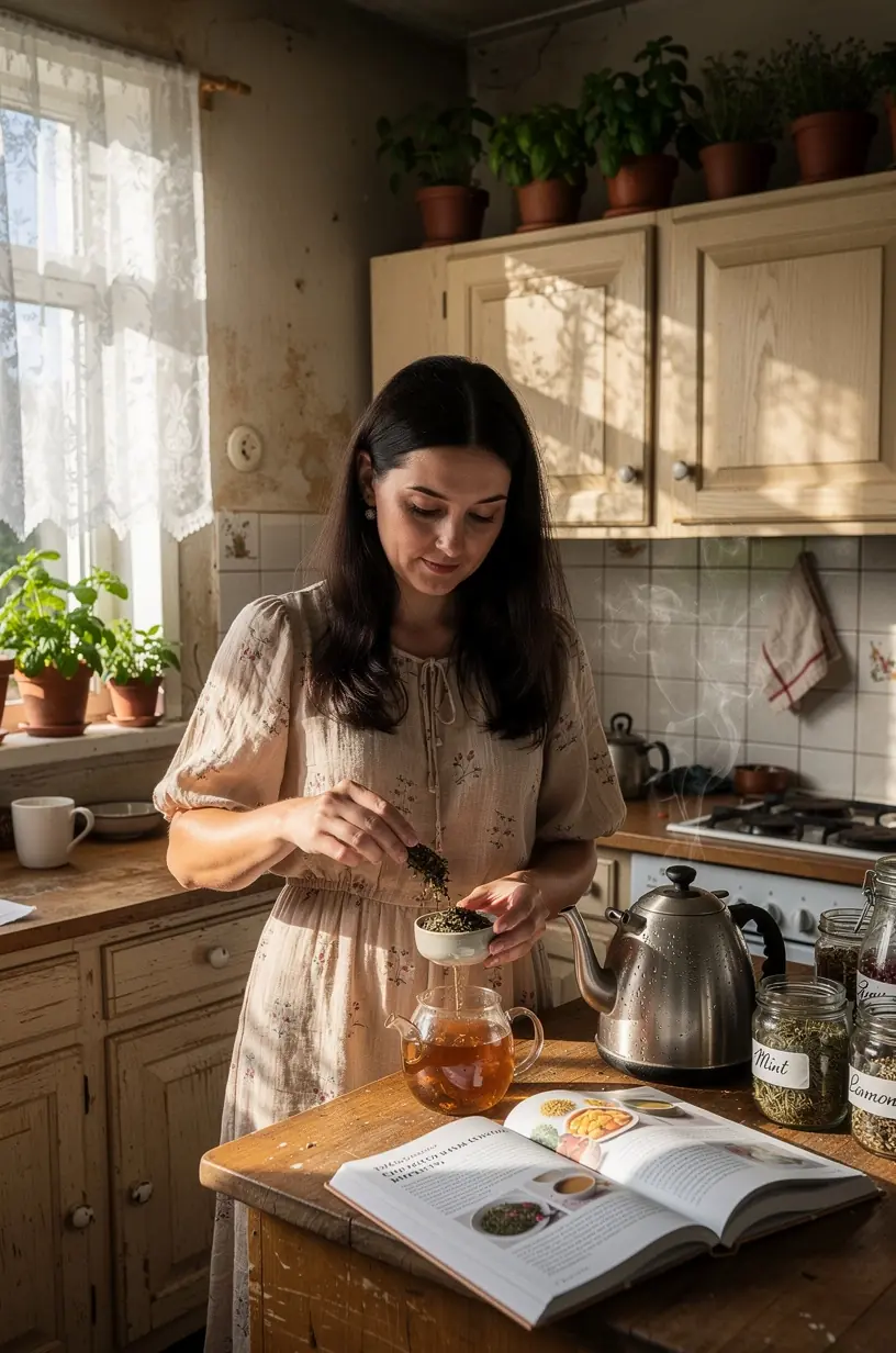 Dėmesys smulkmenoms – ranka pasiruošia žolelių arbatą su šviežiomis lapelėmis ir natūraliais priedais